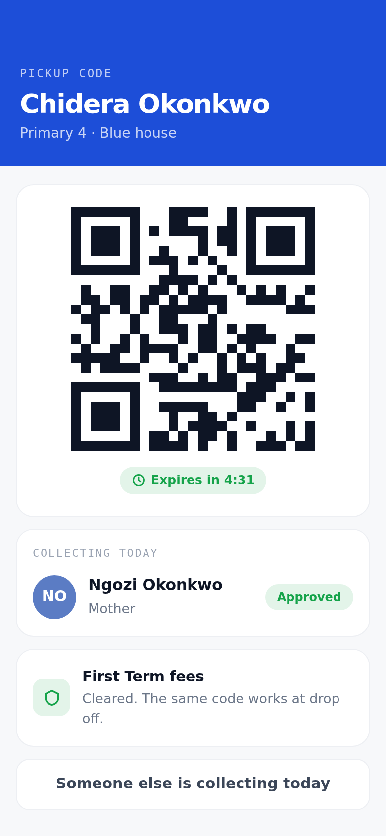 The Chalka Parent app showing a child's pickup code, the person collecting today and their fee clearance.