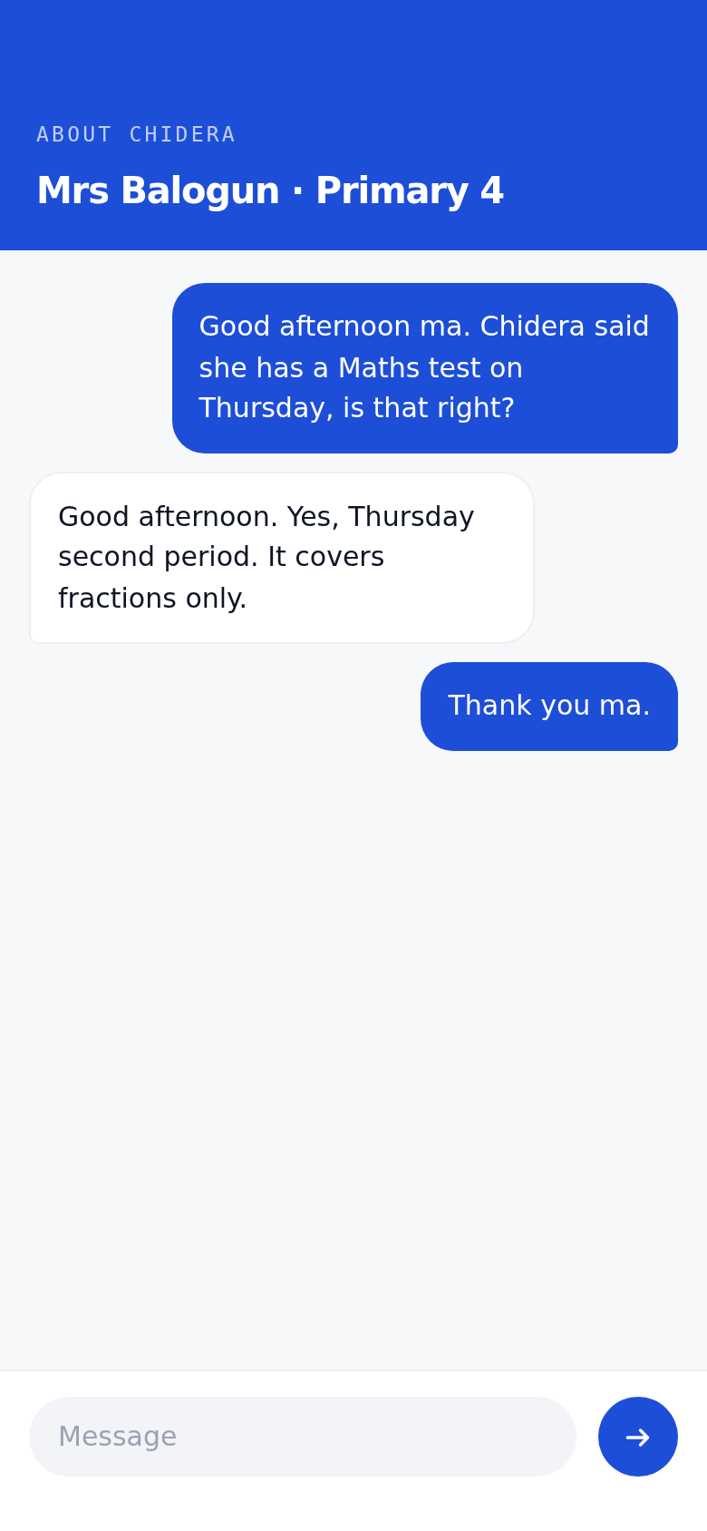 A parent messaging her child's class teacher in the Chalka Parent app about a Maths test.