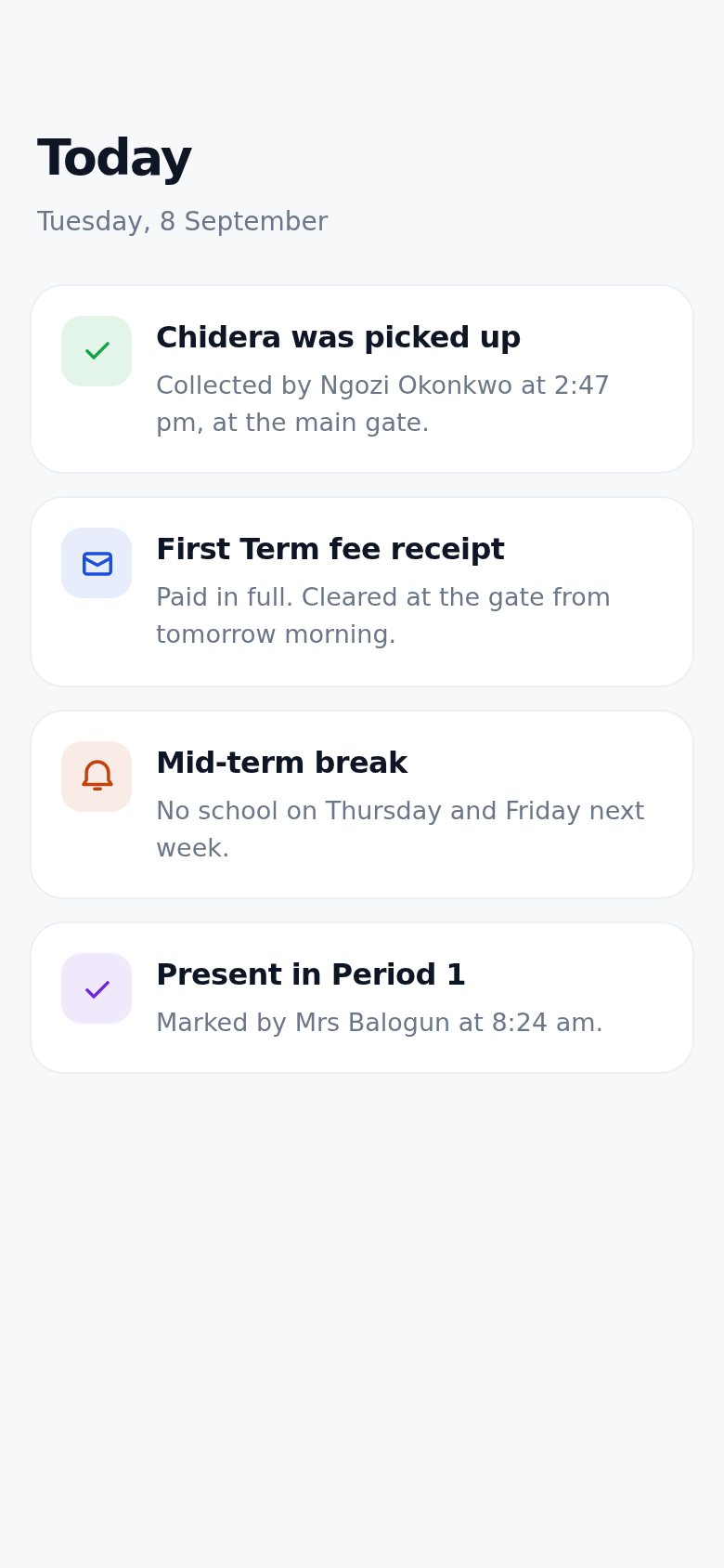 The Chalka Parent app today feed: the child was picked up at 2:47 pm by her mother, plus a payment confirmation and a term notice.