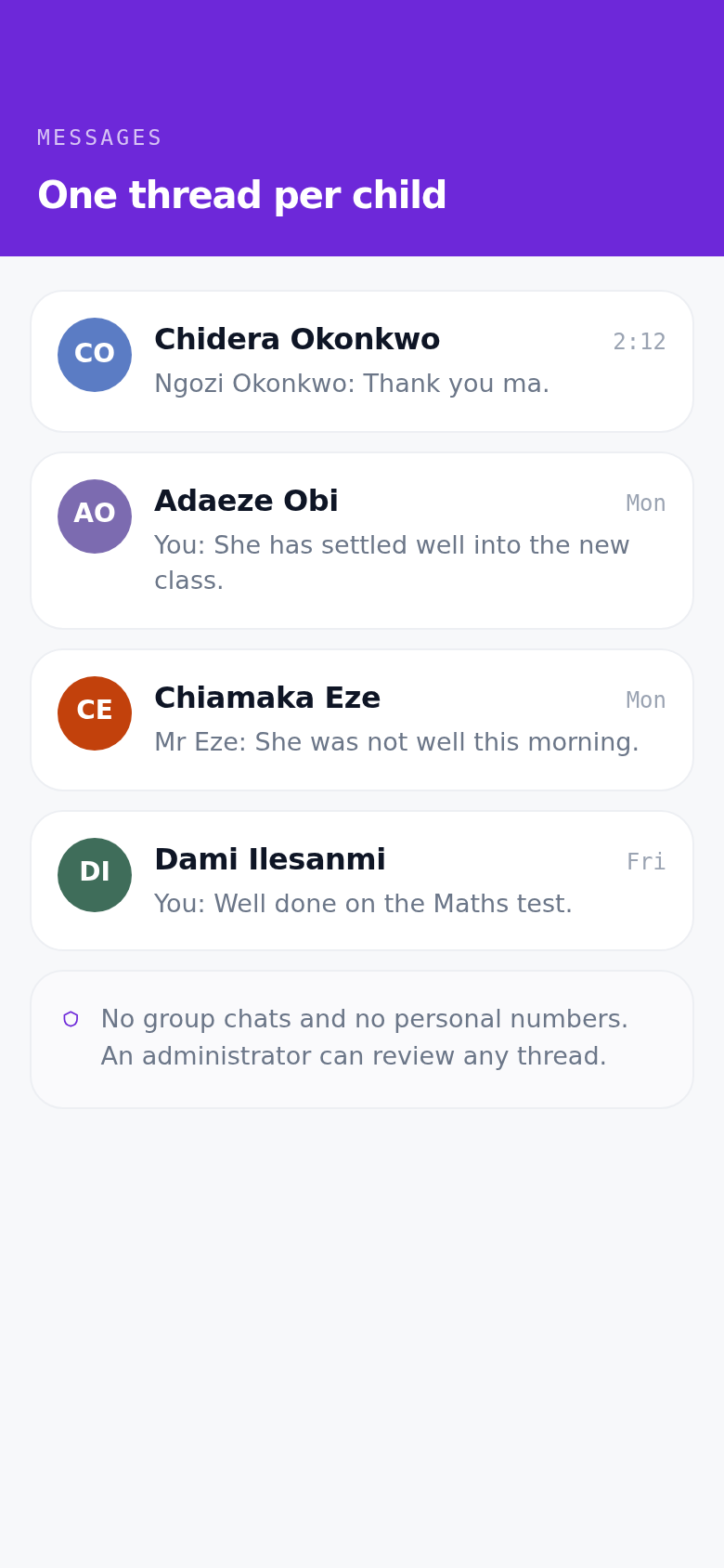 The Chalka Teacher app inbox: one thread per child, with a note that administrators can review any thread.