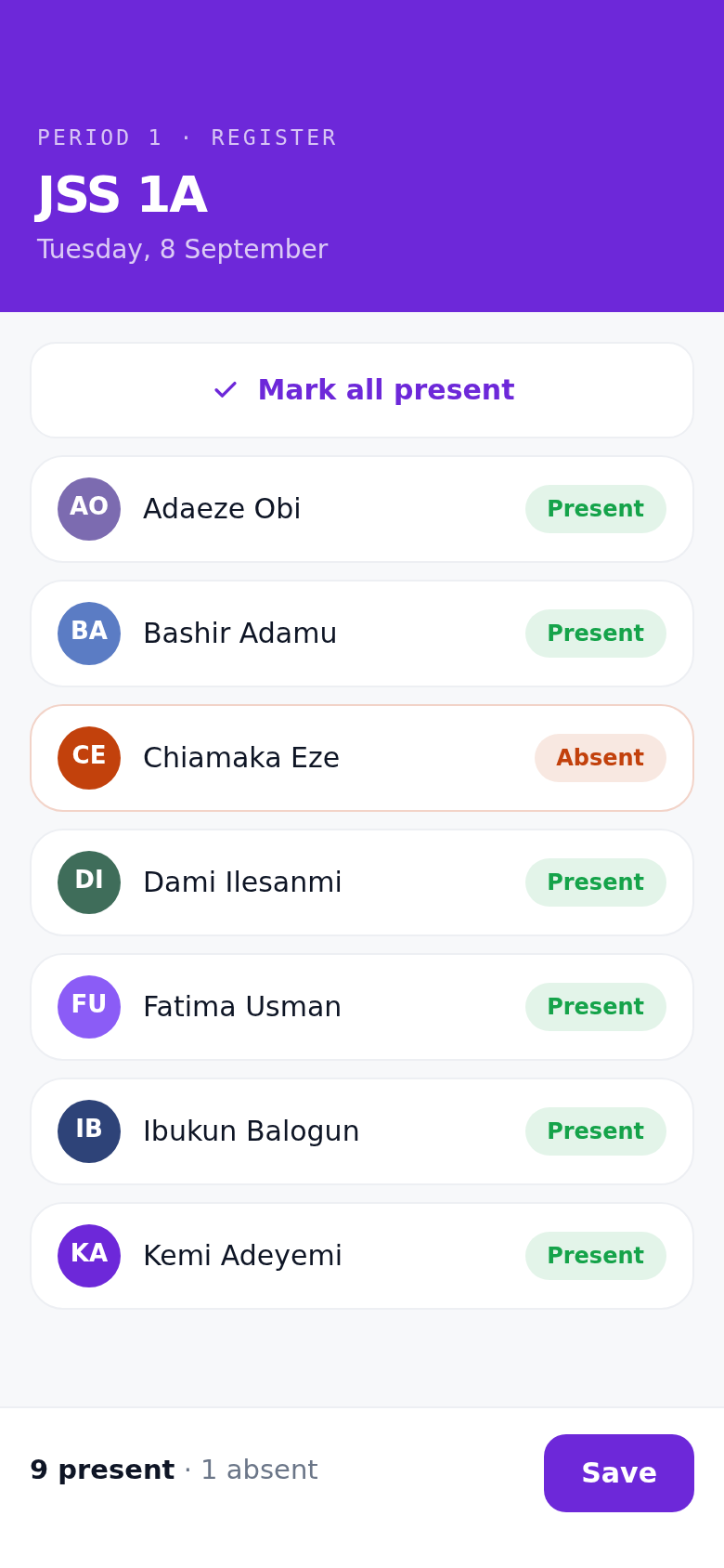 The Chalka Teacher app taking the register for JSS 1A, nine present and one absent.